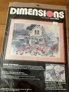 VTG 1987 Dinensions Inc. #3637 "Rose Cottage" no-count cross stitch kit Art work